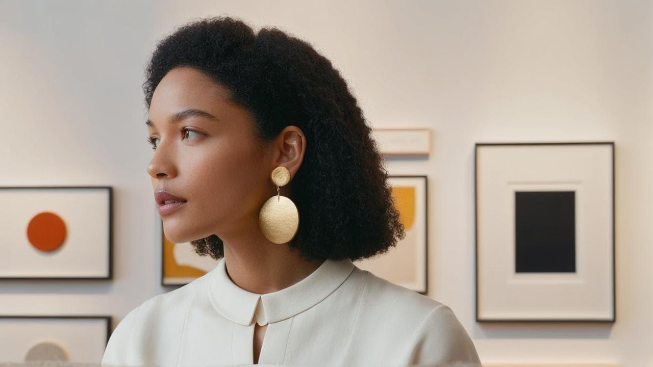 woman wearing statement earrings at art gallery opening
