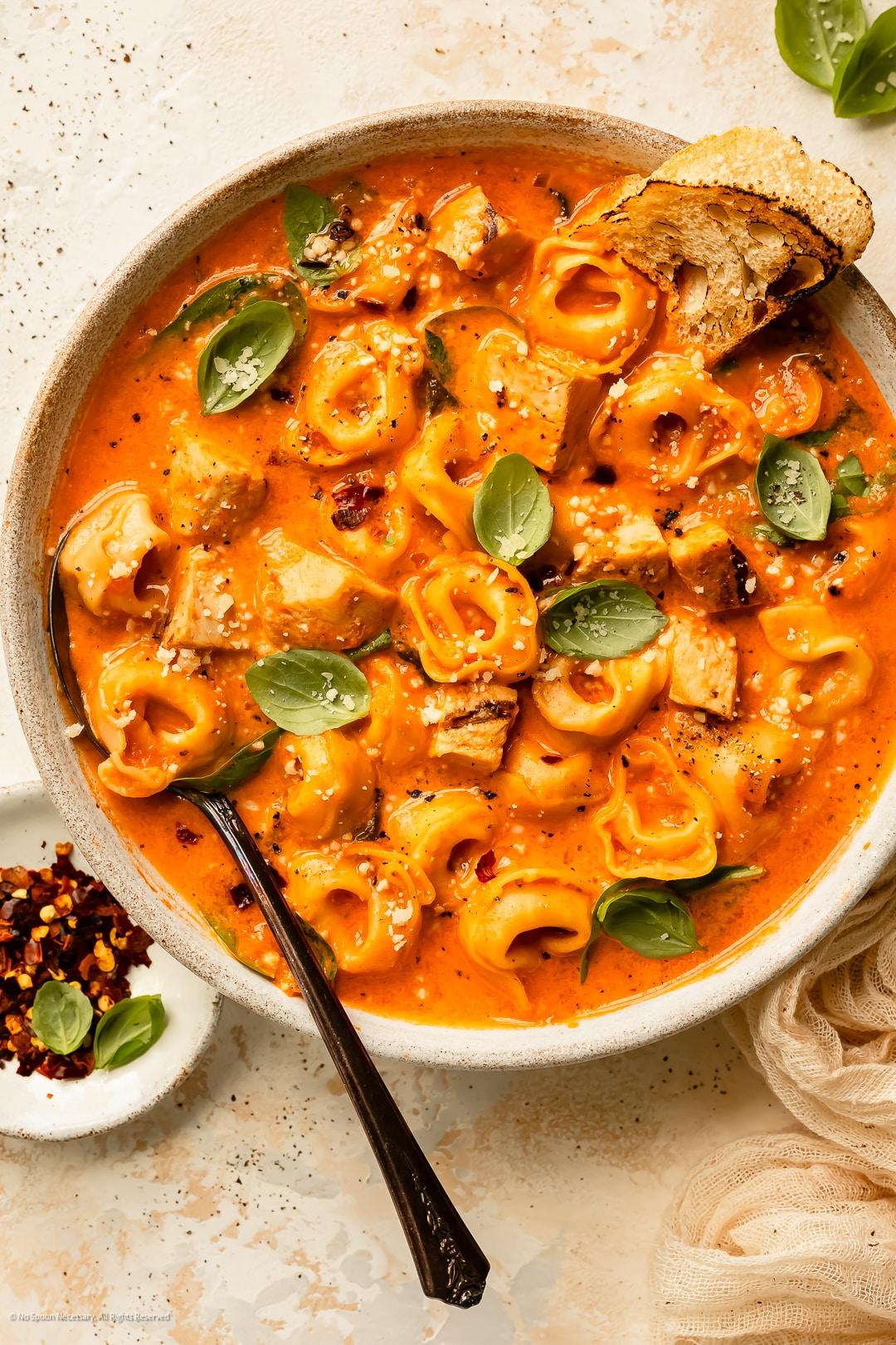 Overhead shot of creamy chicken tortellini in a large serving bowl, with a ladle