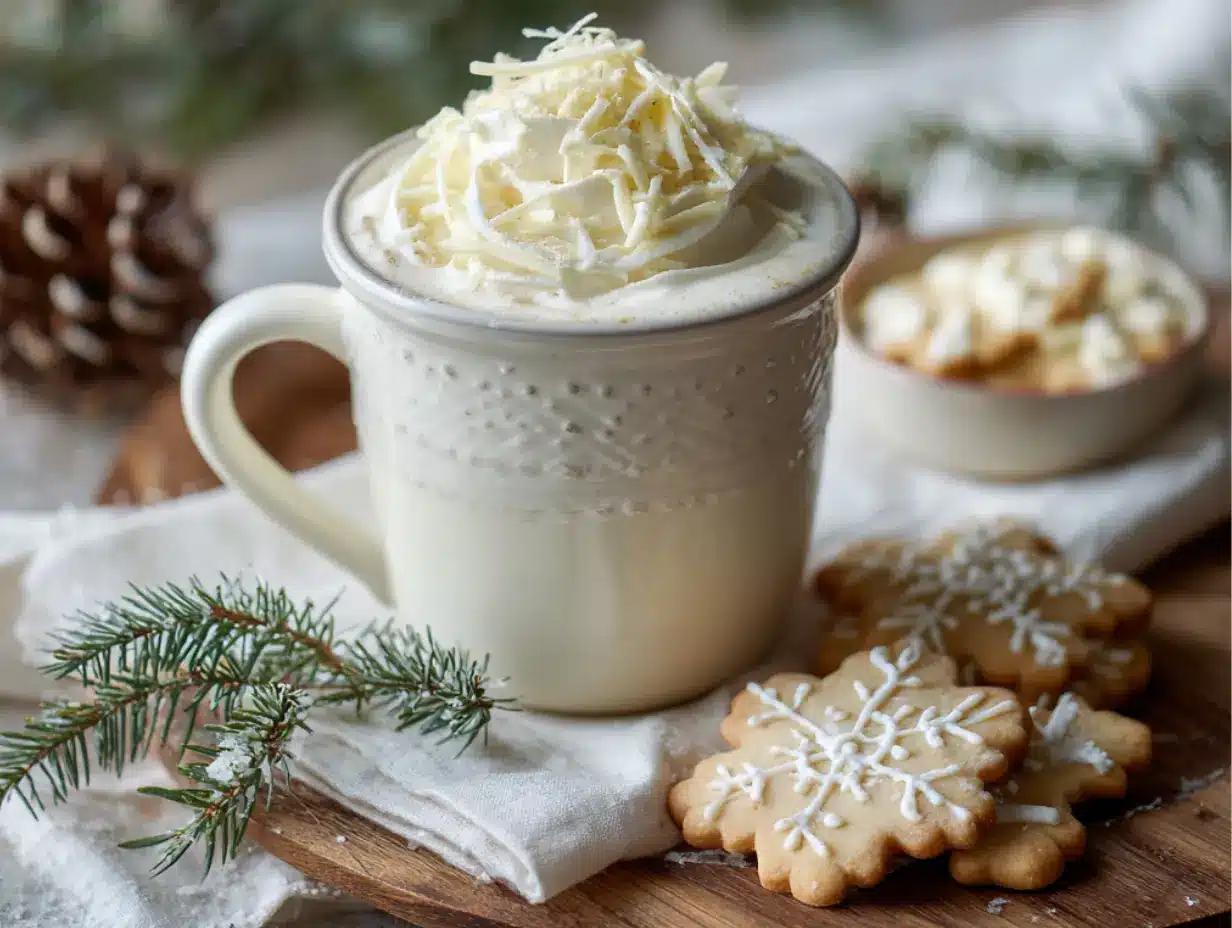 Mug of rich white hot chocolate with whipped cream and chocolate shavings