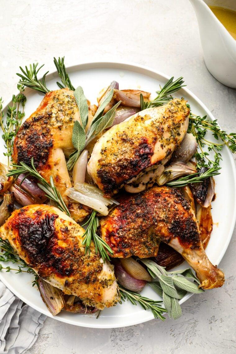 Serving platter with butter-roasted chicken and side dishes