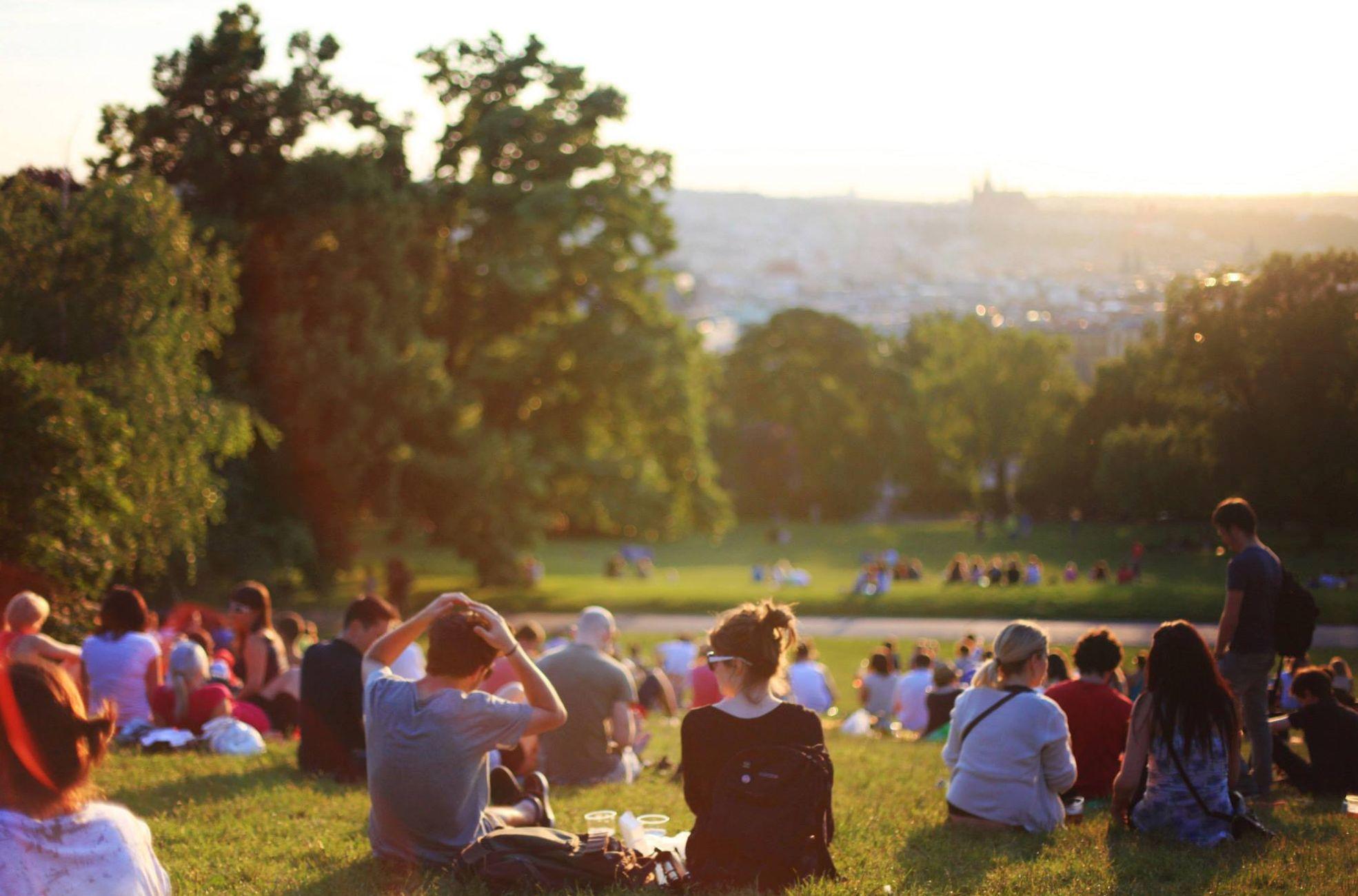 community event in a springtime park, concert, picnic