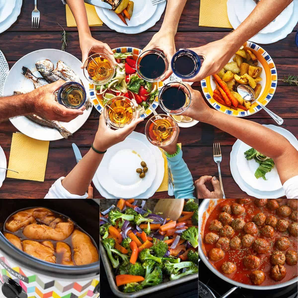 Happy family gathered around a table with appetizers, focus on a creamy dip