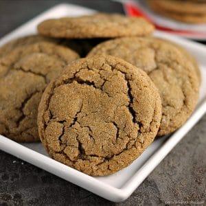 close up of soft and chewy ginger snap cookies on a plate