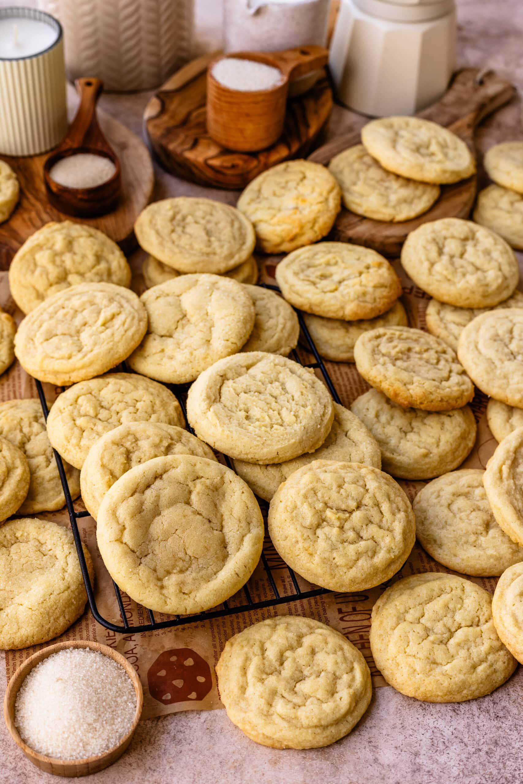 Close-up of freshly baked, soft sugar cookies on a cooling rack