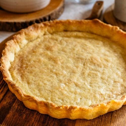 Close-up of golden, flaky pie crust edge