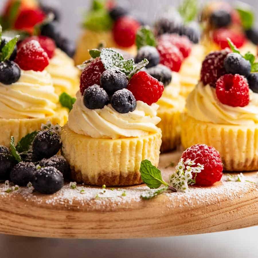 close up of a perfectly baked mini cheesecake