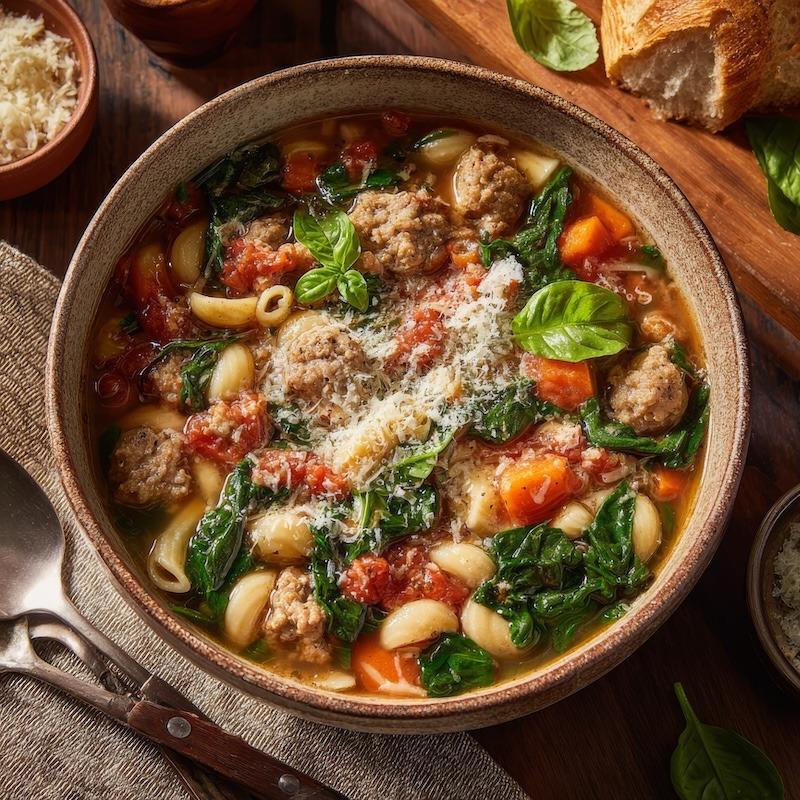 Serving spoon dishing out rustic beef pasta stew into a ceramic bowl