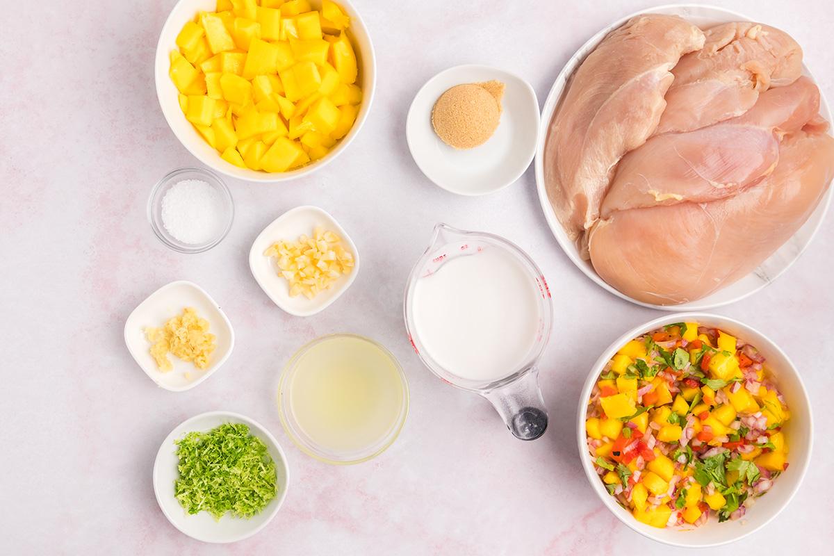 overhead shot of ingredients for mango marinade