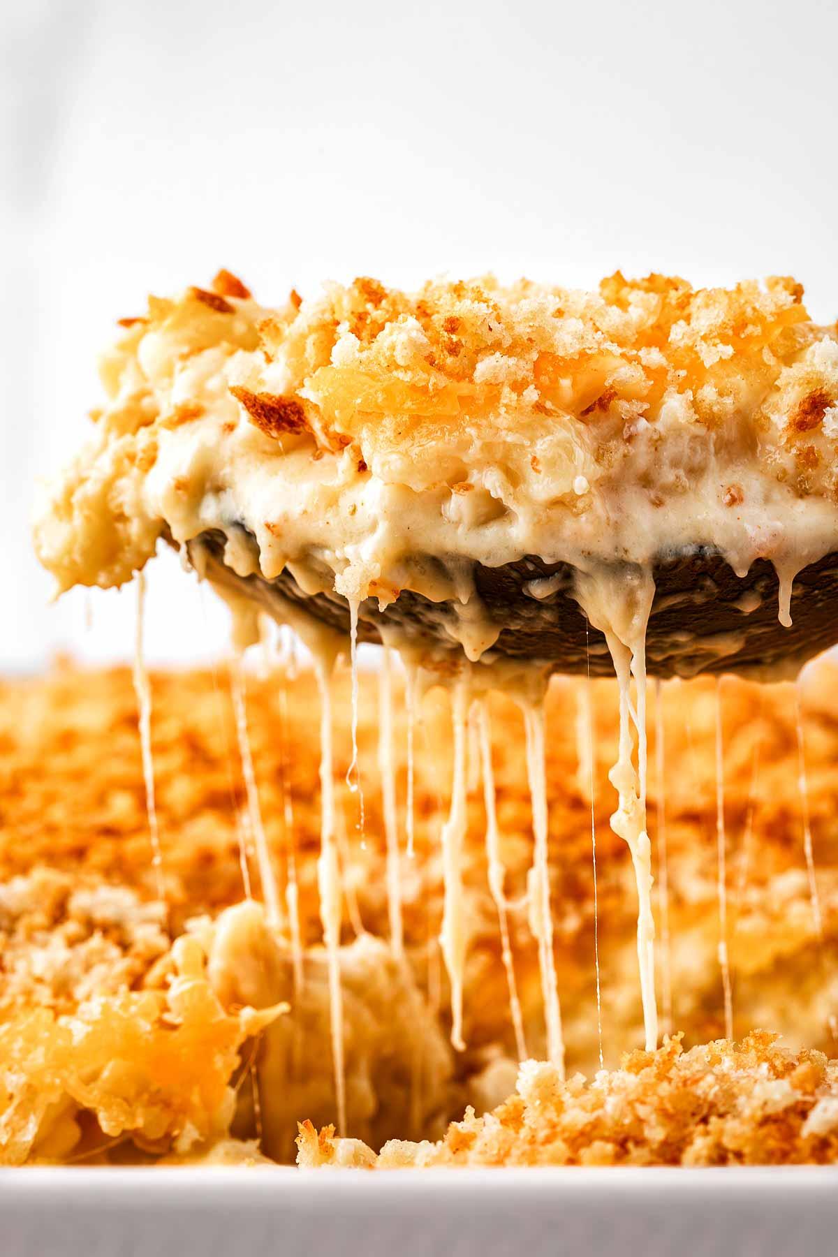 golden baked mac and cheese crust pot pie, bubbling cheese, cozy food