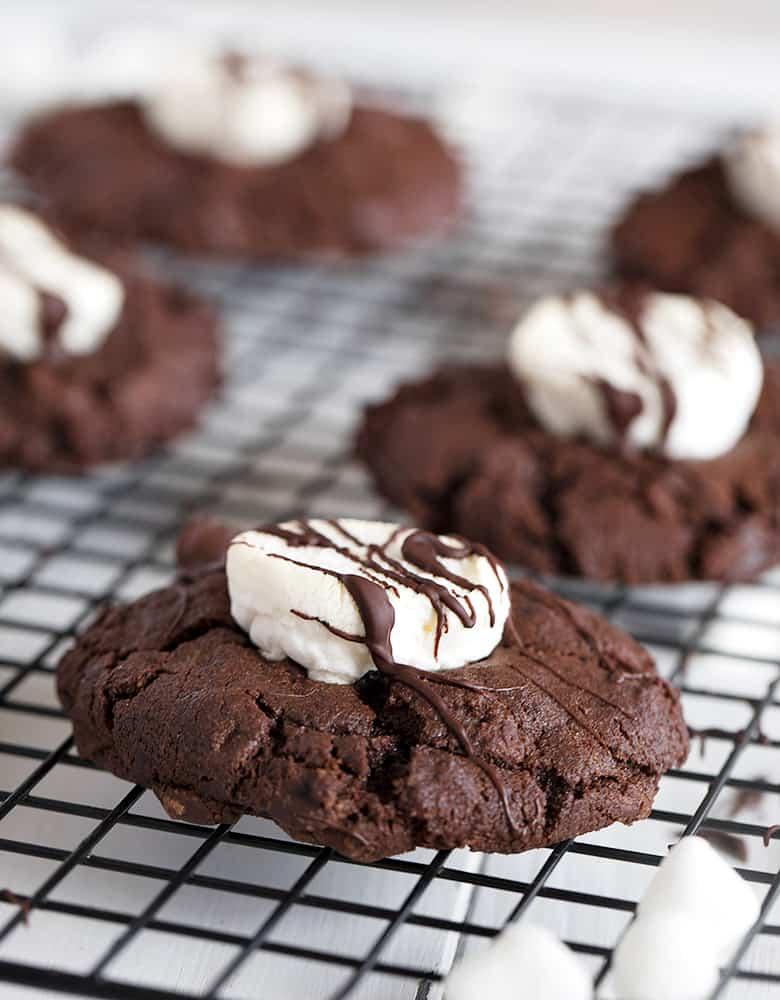 A child's hands reaching for warm cocoa cookies on a cooling rack, sunlight streaming in