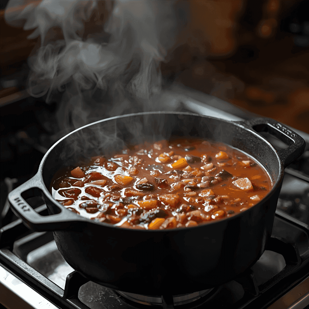 Close-up of bubbling smoky taco soup in a large dutch oven, steam rising.