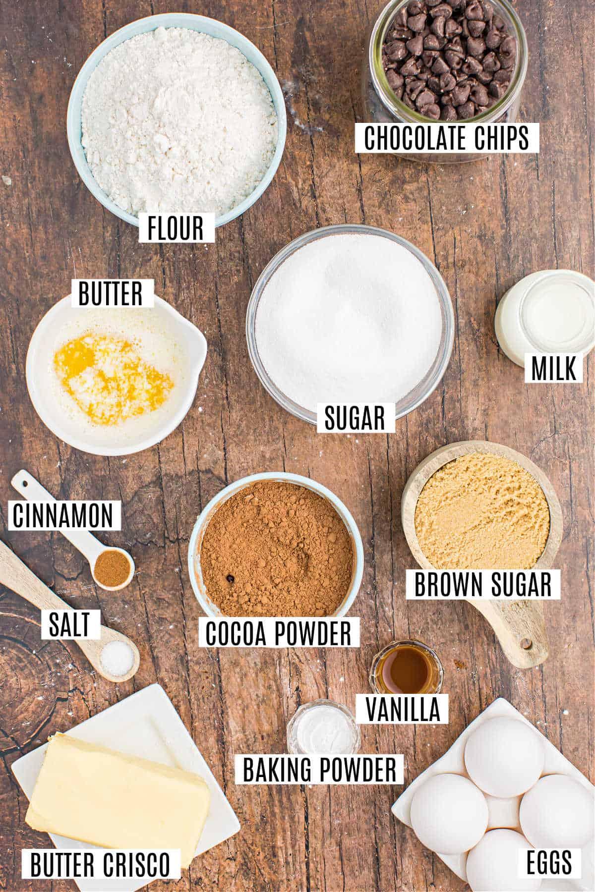 ingredients for chocolate chip cookies arranged on a wooden table