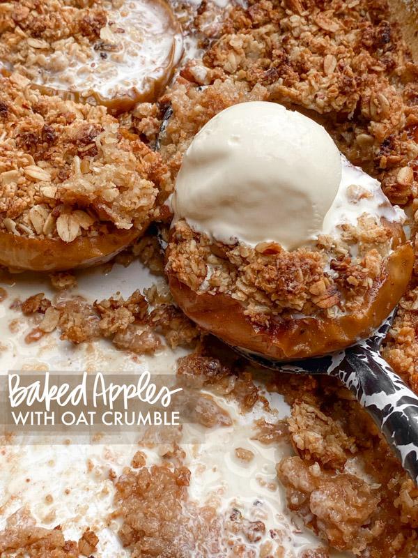 close up shot of apple pie baked apples with oat crumble