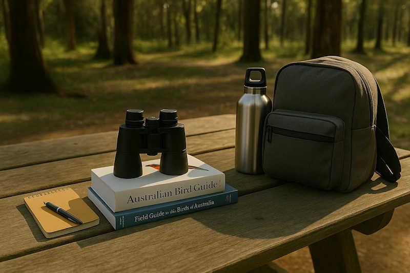 birdwatching gear: binoculars, field guide, and notebook