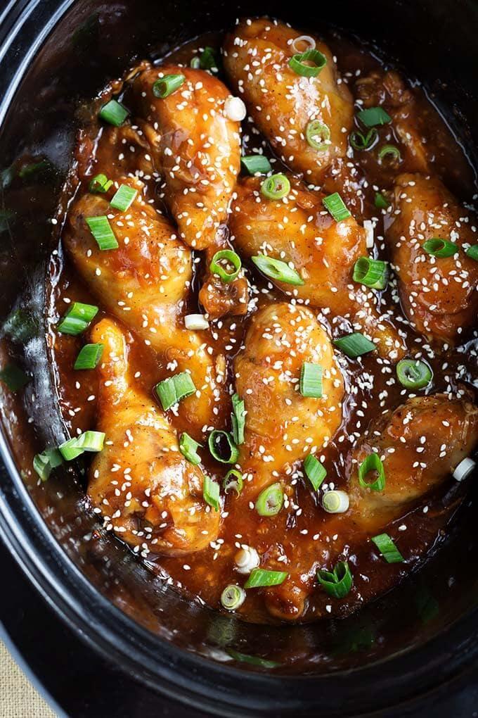 cooked honey garlic chicken in slow cooker