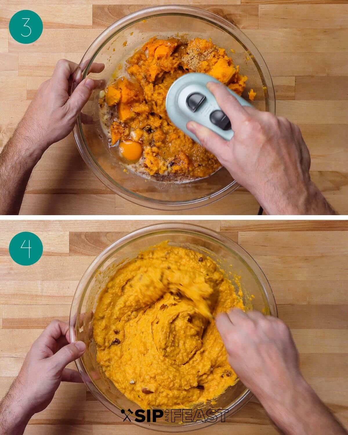 Close-up shot of hands spooning sweet potato casserole onto a plate