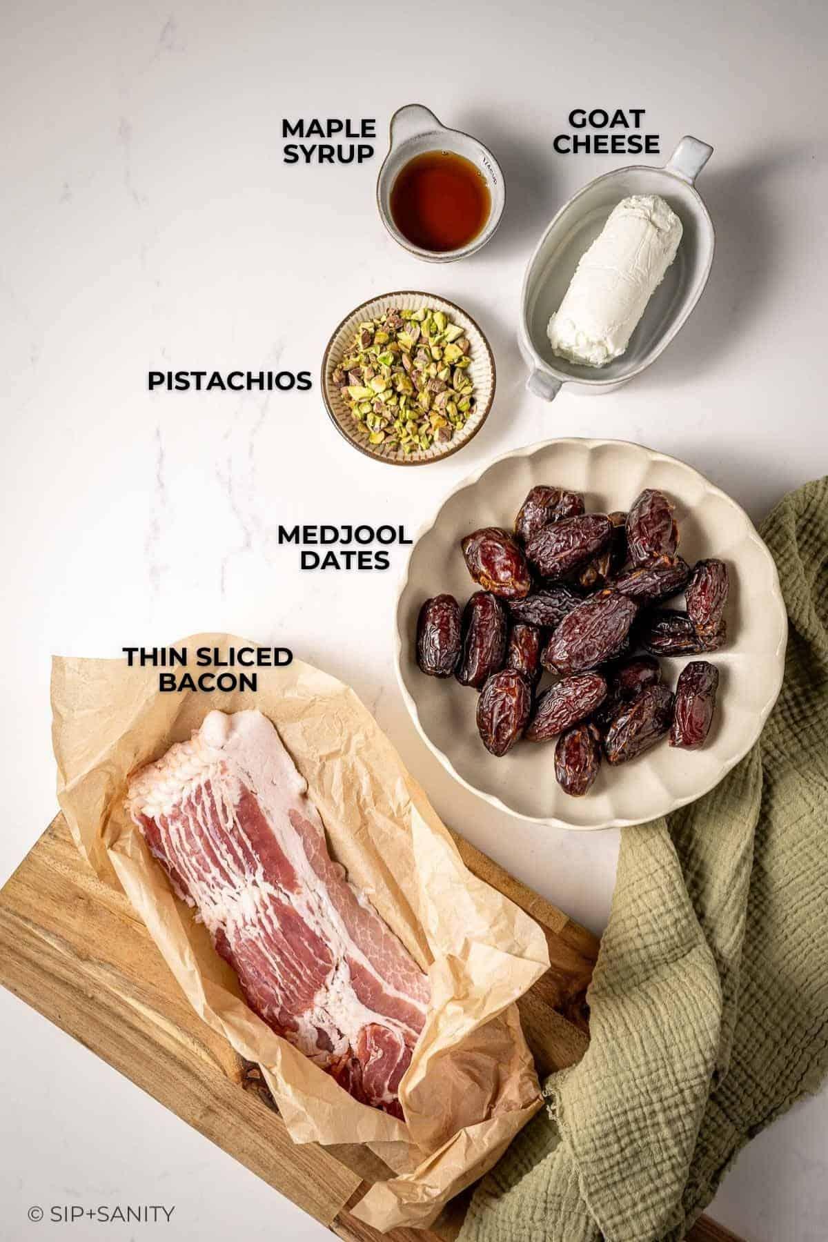 Ingredients laid out for bacon-wrapped dates: dates, bacon, maple syrup