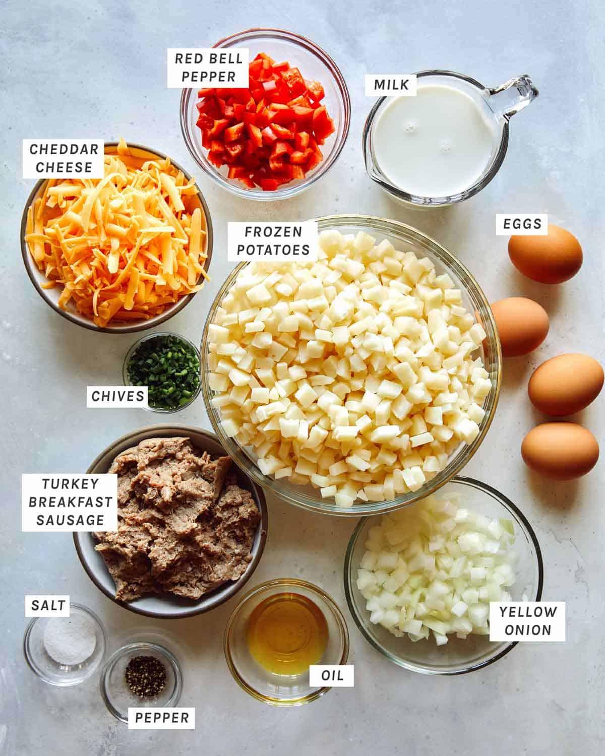 ingredients for overnight breakfast casserole laid out on a kitchen counter