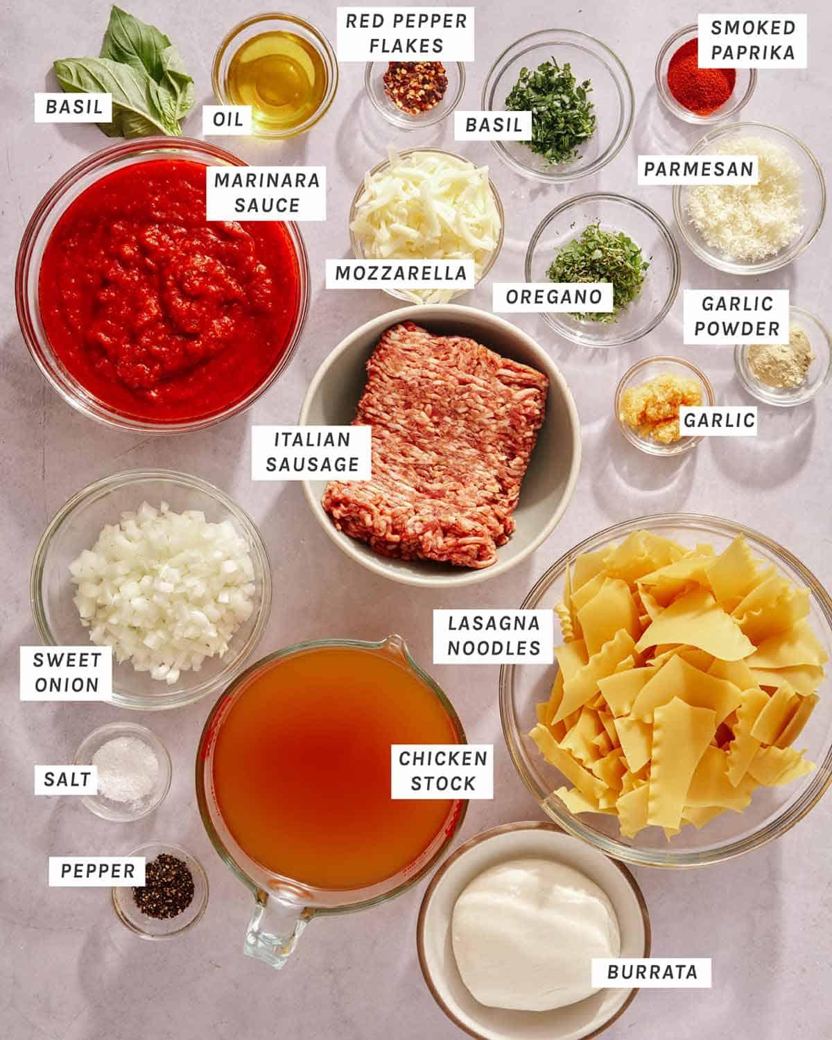 ingredients for lasagna soup on a kitchen counter