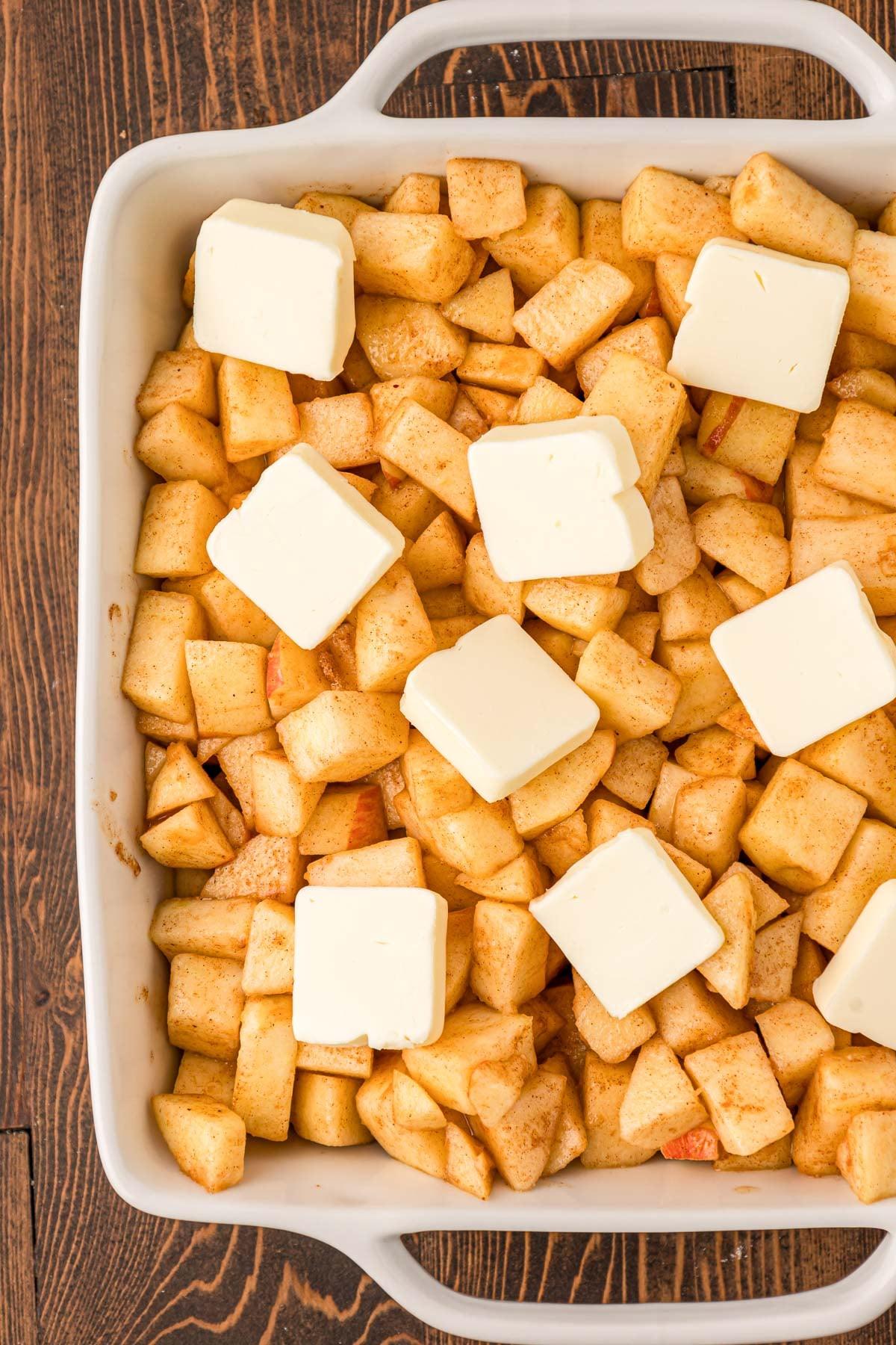 overhead shot of oatmeal apple crisp in a baking dish