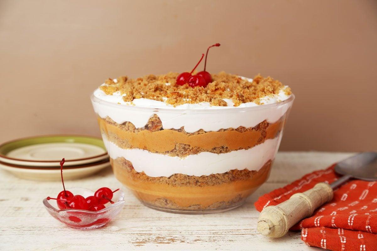 close-up of pumpkin trifle layers in a glass bowl