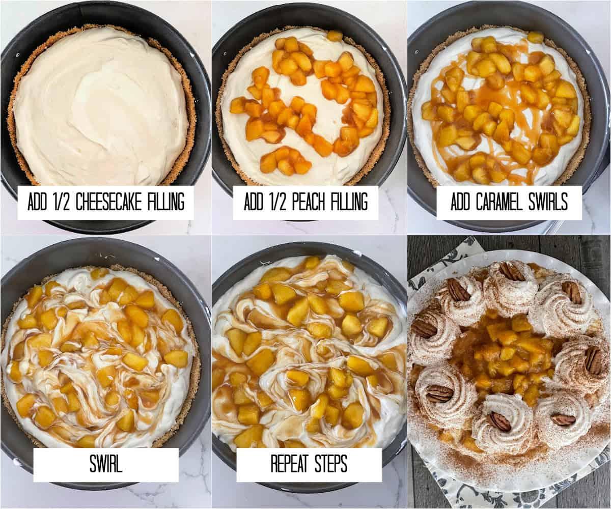 caramel being swirled into peach cobbler before baking