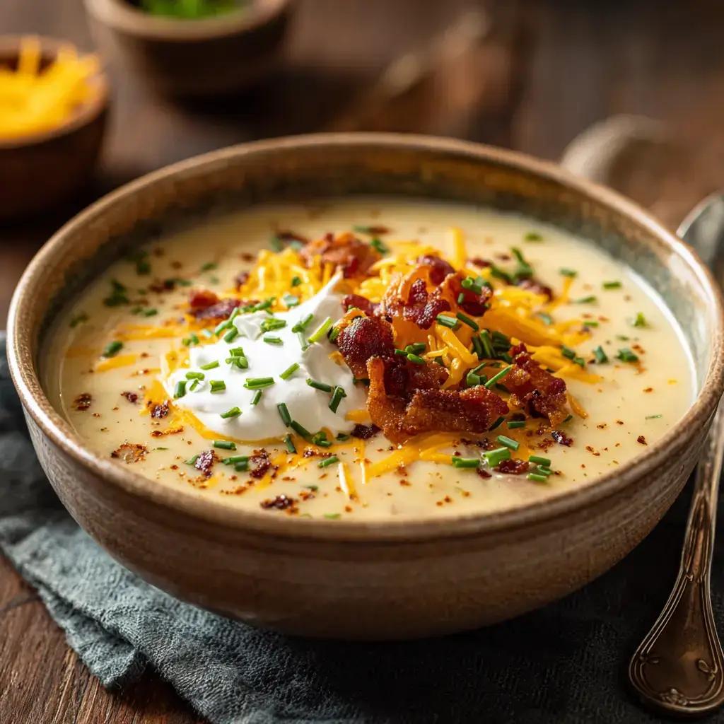 creamy potato soup in a rustic bowl