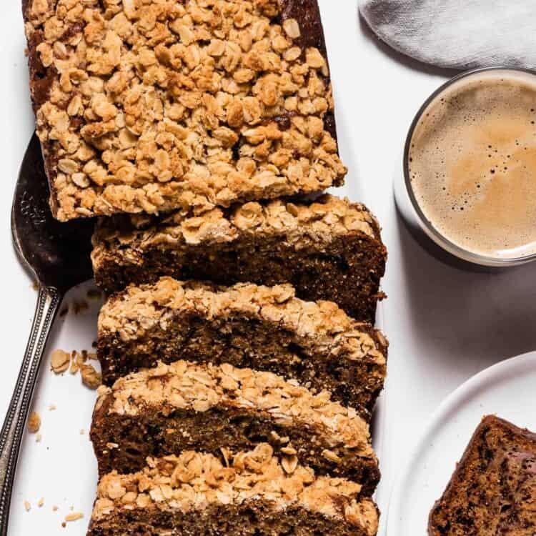 banana bread slices with different toppings and a cup of coffee