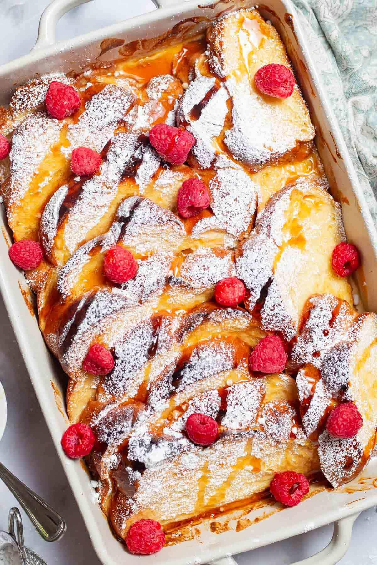 overhead shot of french toast casserole with vanilla and almond extract