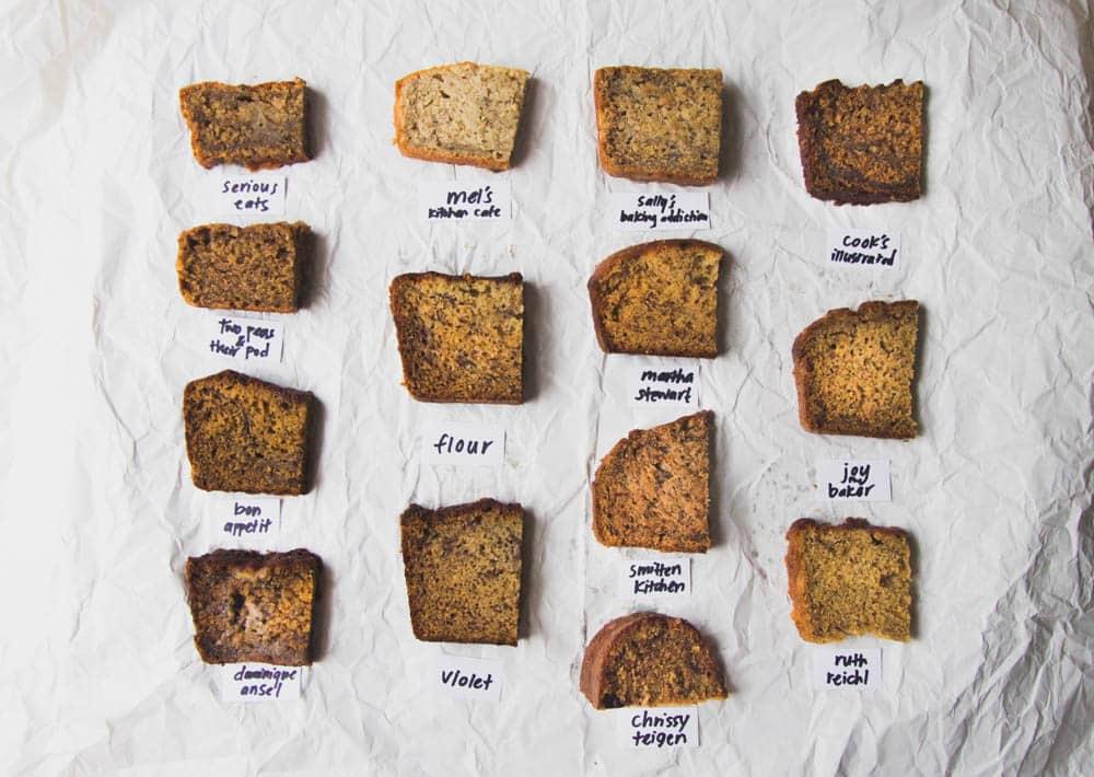 side-by-side comparison of baked banana bread - one made with all-purpose flour and one with whole wheat flour