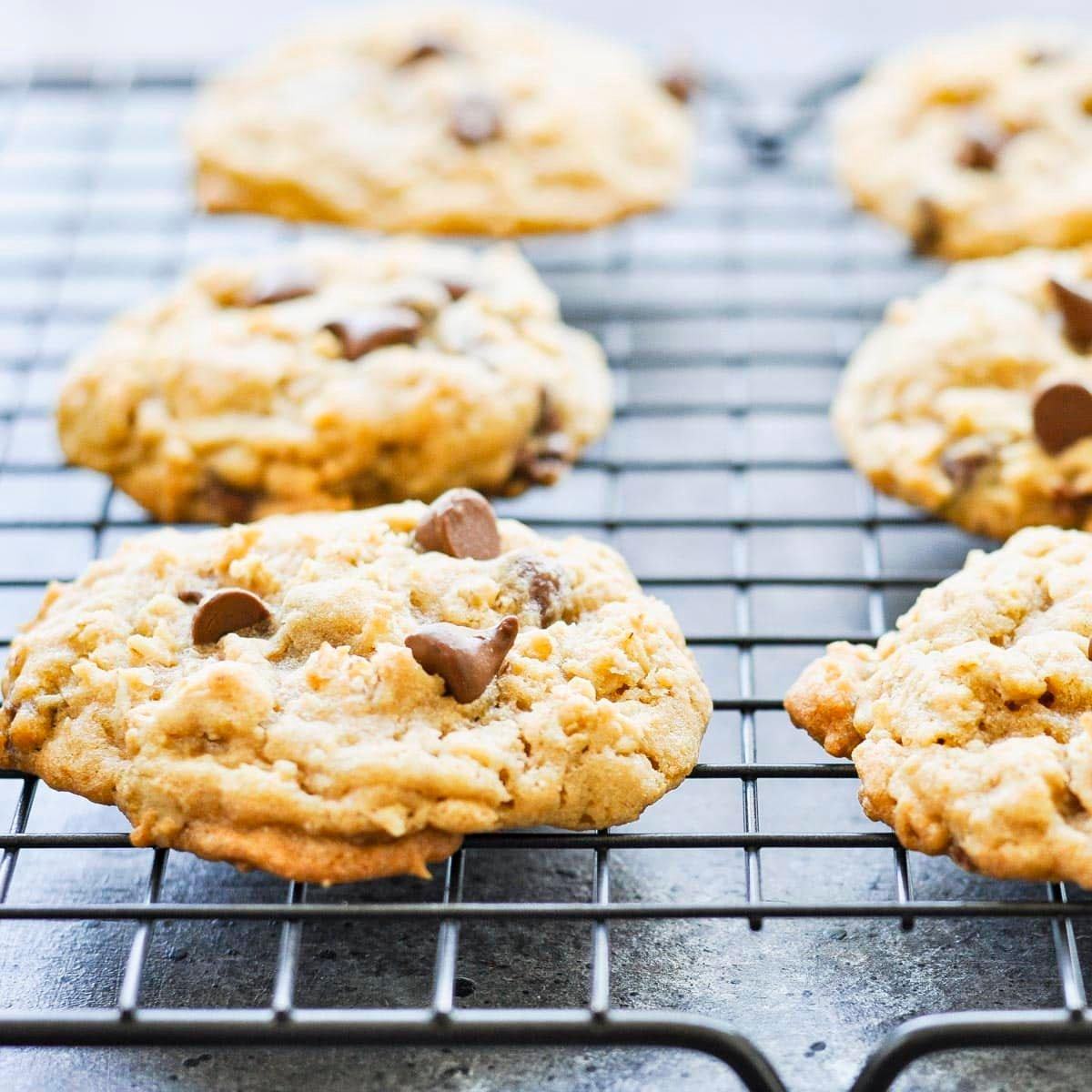 rustic scene of baked oatmeal chocolate chunk cookies on a cooling rack with a glass of milk