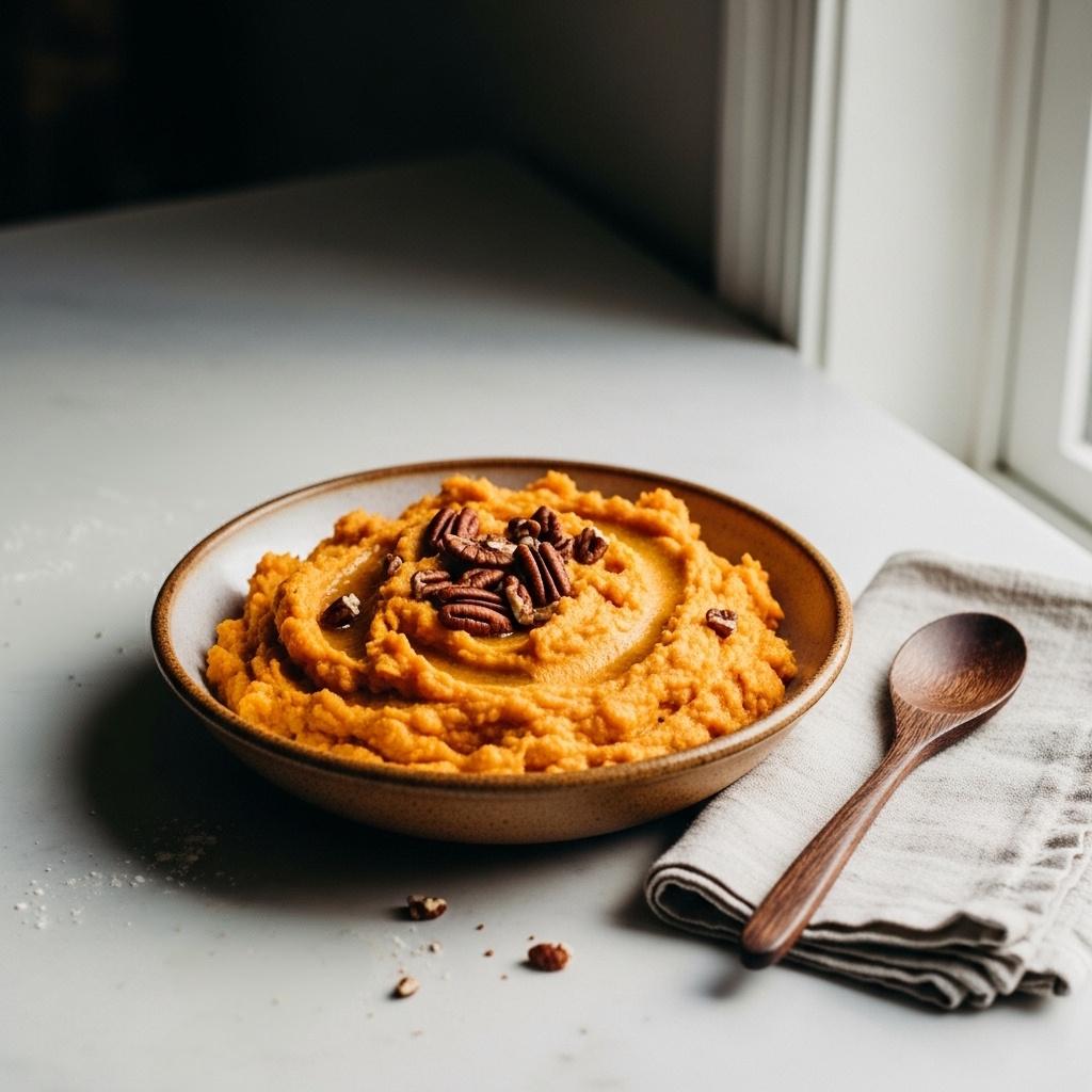 creamy brown butter sweet potato mash in a serving bowl with a spoon