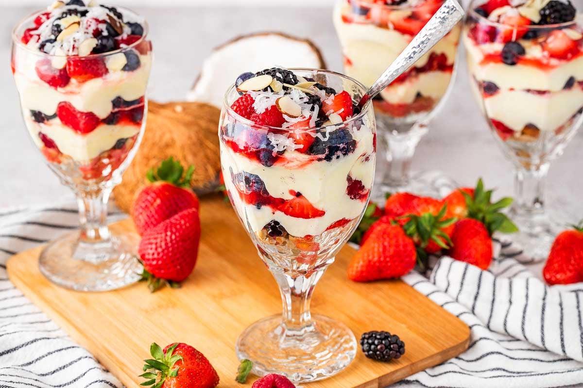 Overhead shot of a layered grapefruit berry parfait.