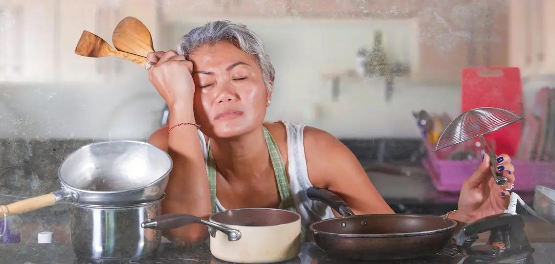 Busy parent looking stressed in a kitchen, then smiling with a baked ziti