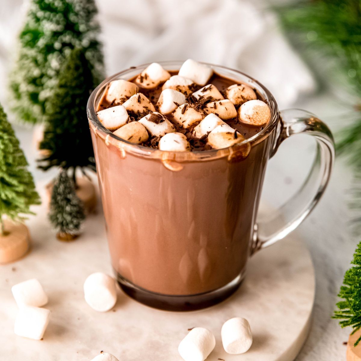 Steaming mug of dark hot chocolate with melted chocolate shavings and a hint of steam, rich cocoa aroma implied