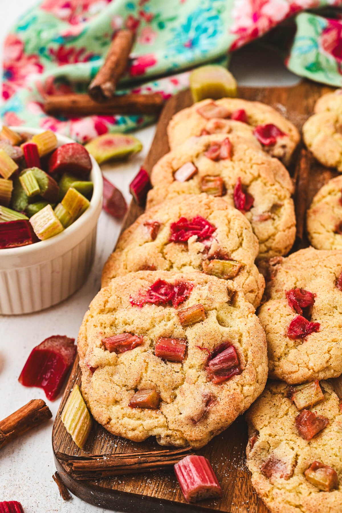 rosemary rhubarb cookies on a wooden platter