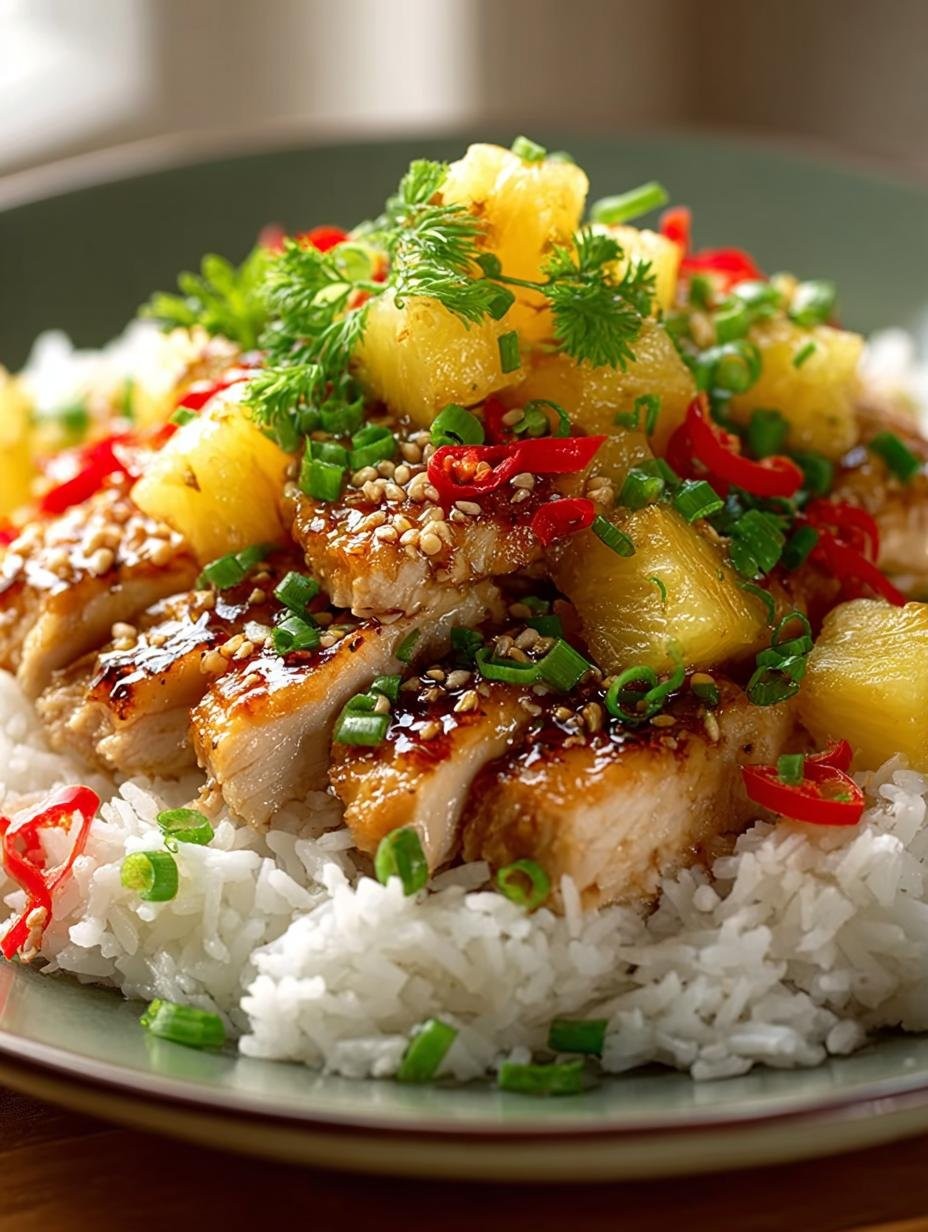 vibrant pineapple chicken with fluffy white rice in a bowl, tropical garnish