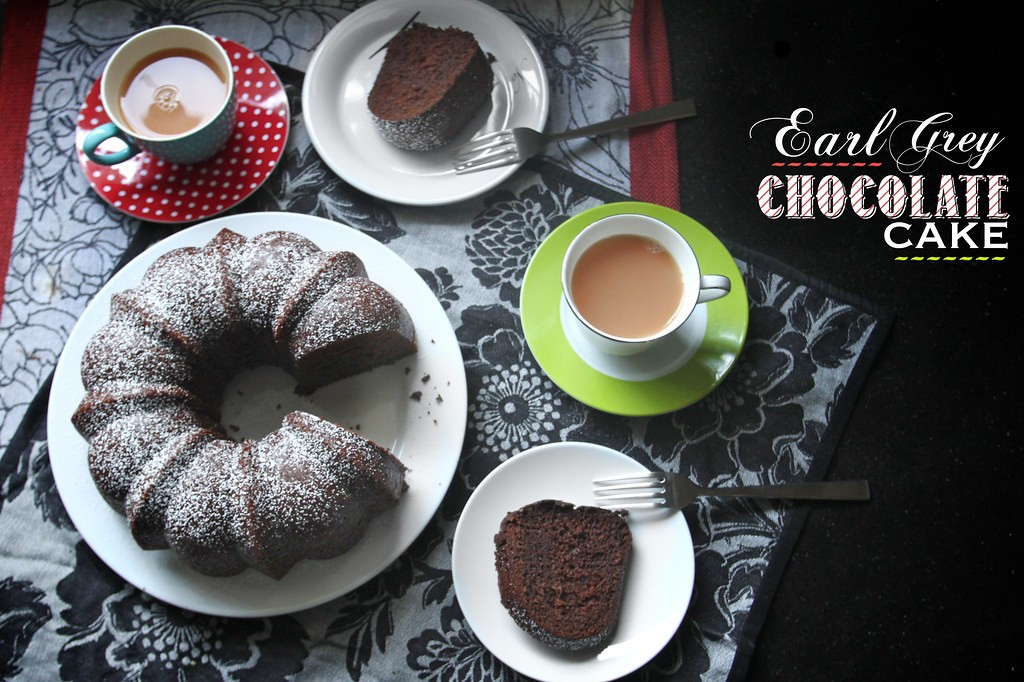 slice of Earl Grey chocolate layer cake with a teacup