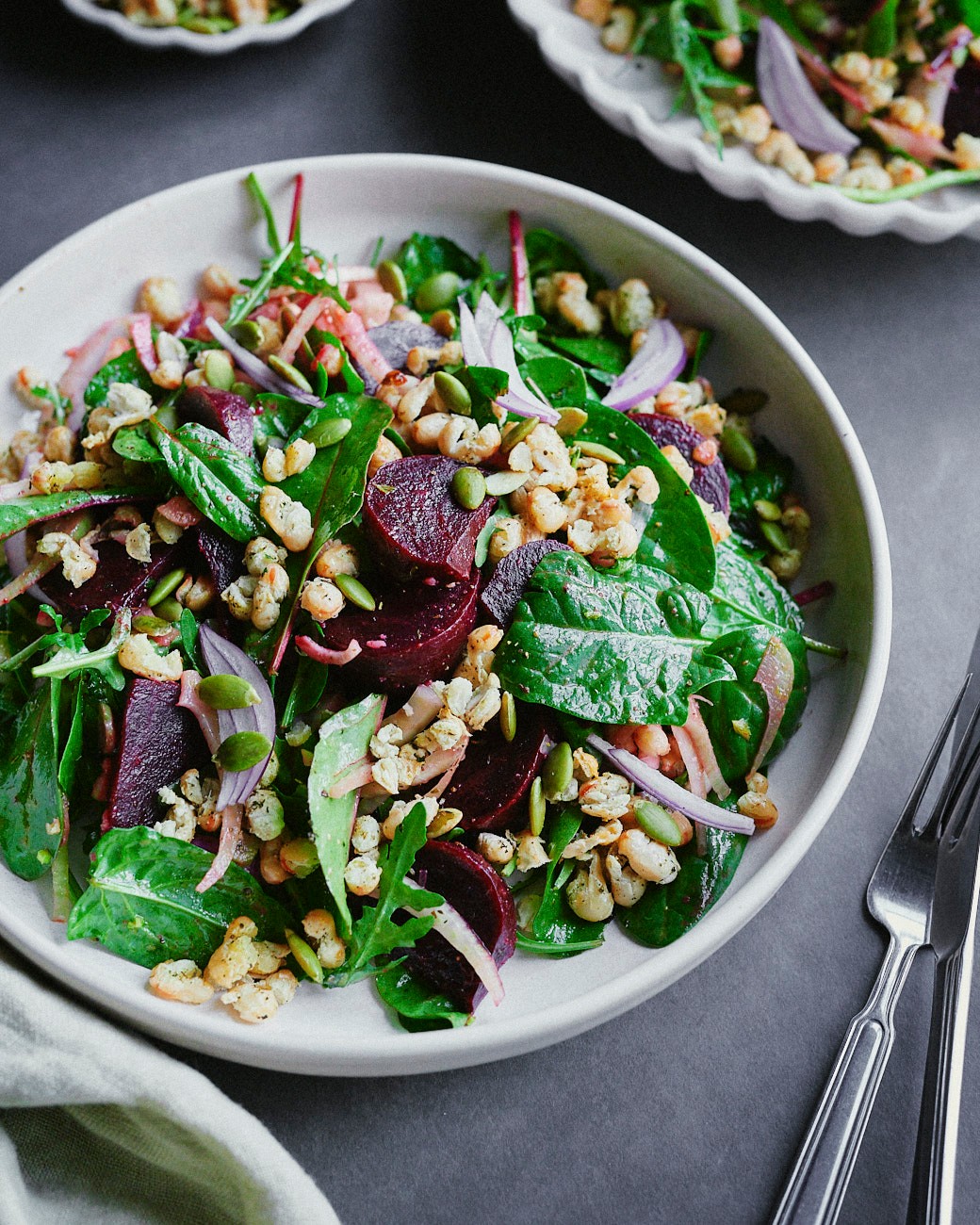 Beet and bean salad with balsamic glaze drizzle