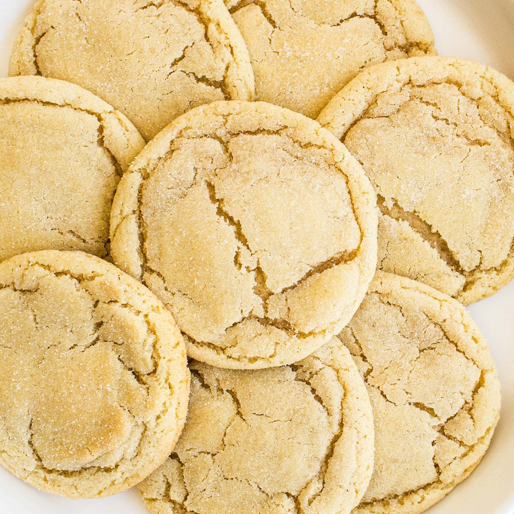 close up of freshly baked chewy sugar cookies