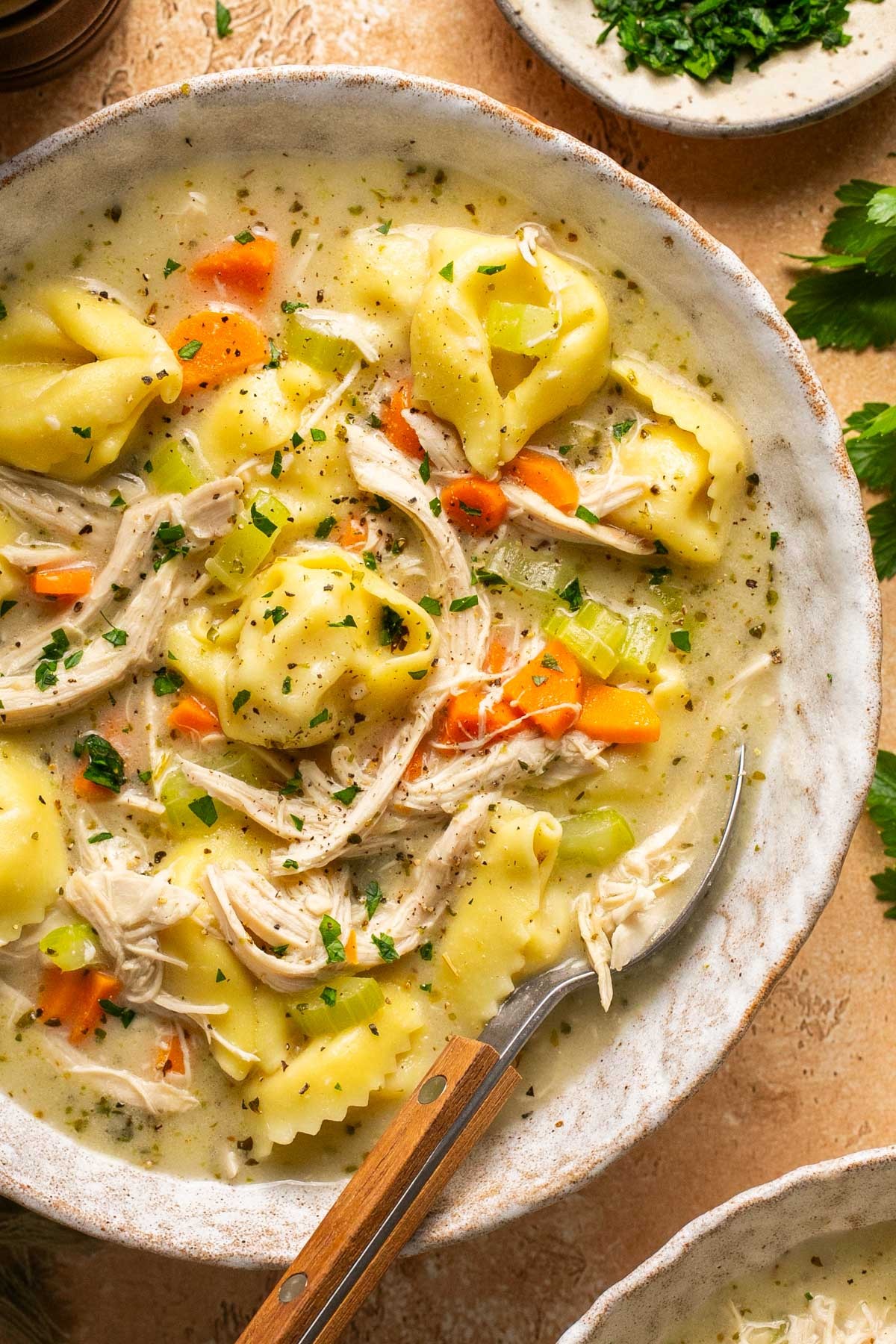 hearty crockpot creamy chicken tortellini soup with fresh herbs, close up