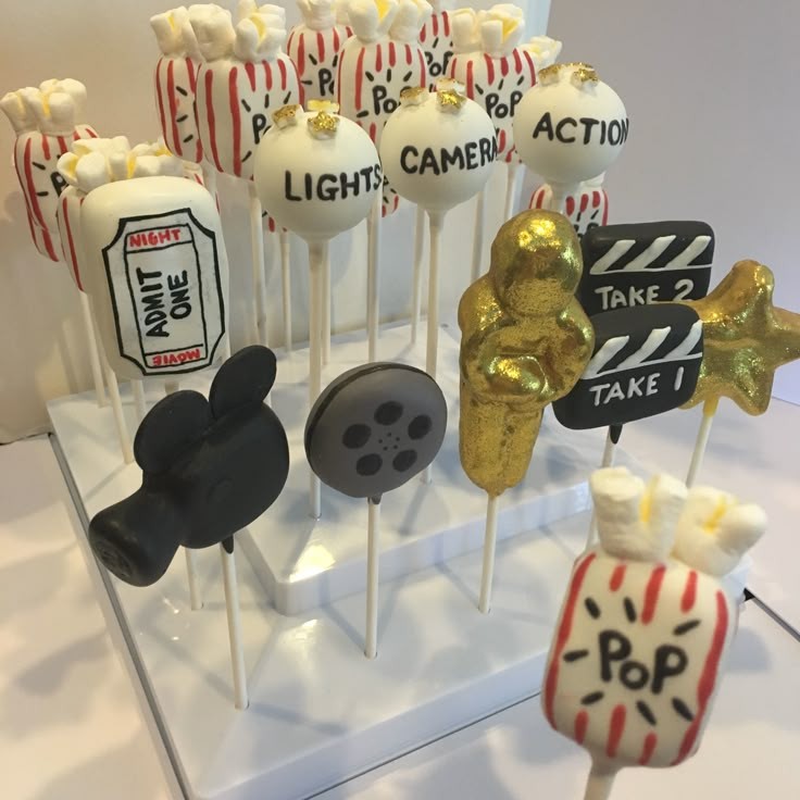 movie theme cake pops with various designs