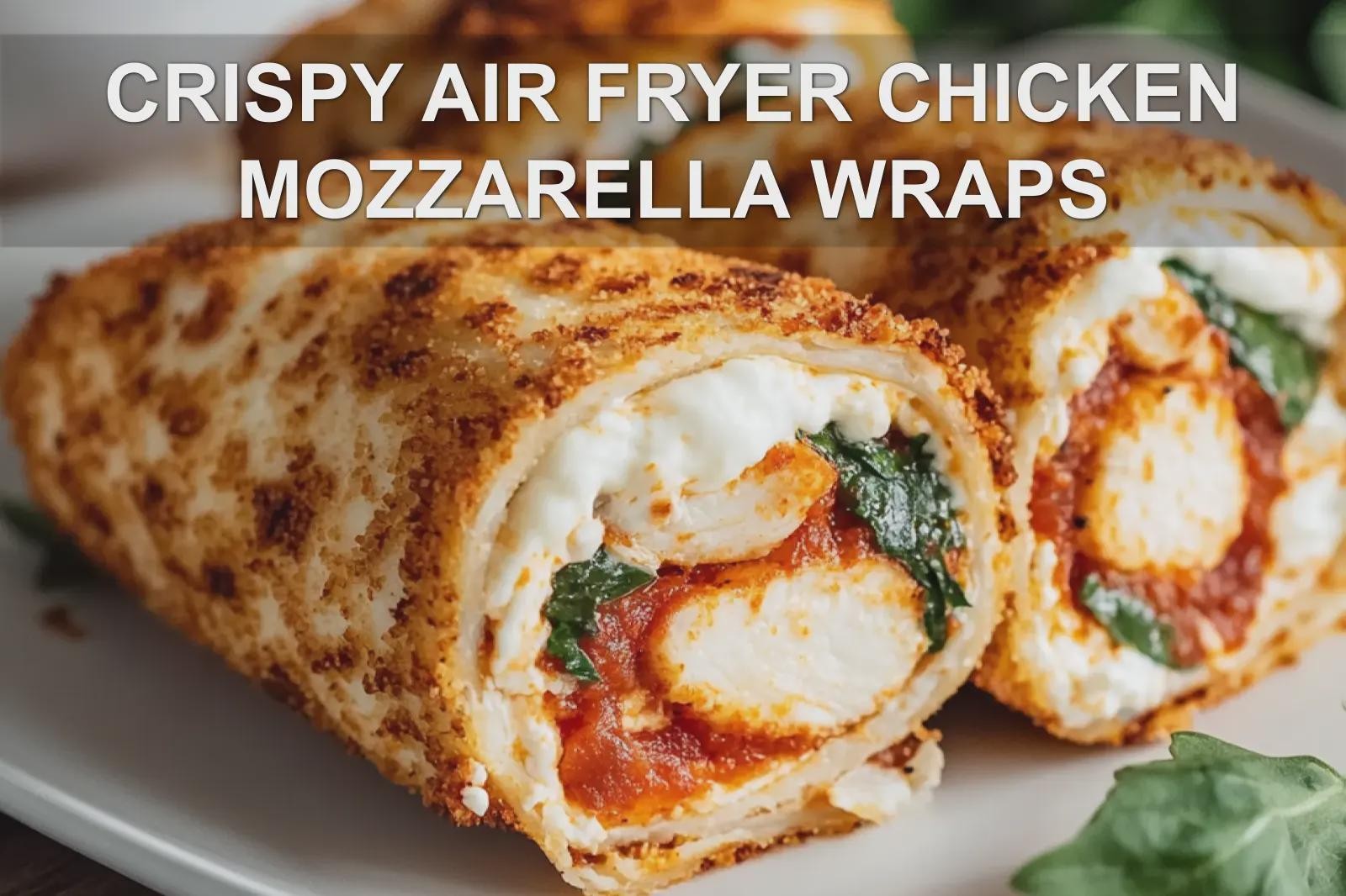 Crispy golden air fryer chicken mozzarella wrap close-up with melted cheese oozing out, served on a rustic plate