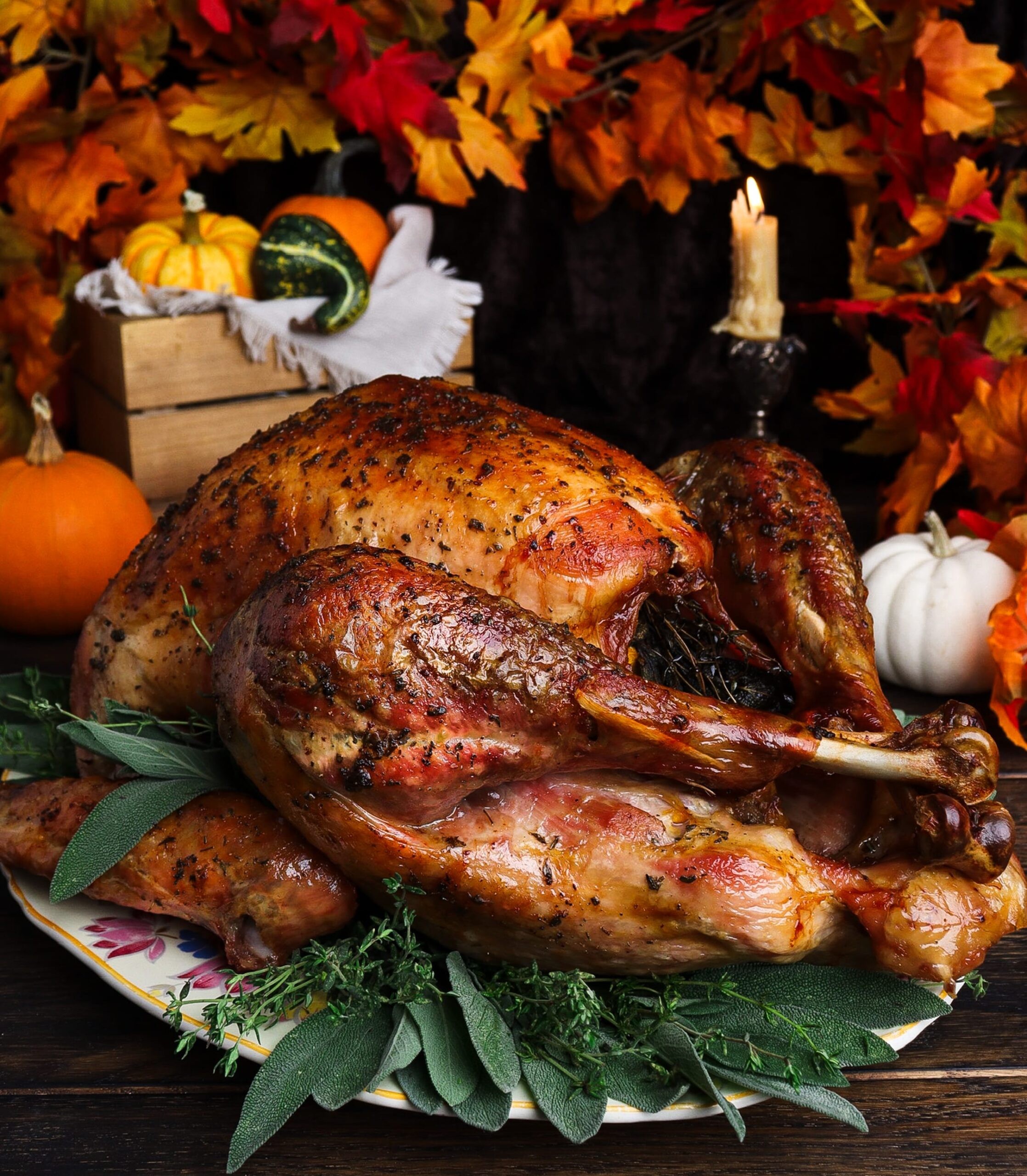 beautifully golden brown butter herb slow-roasted turkey on a platter with festive garnishes, autumn lighting