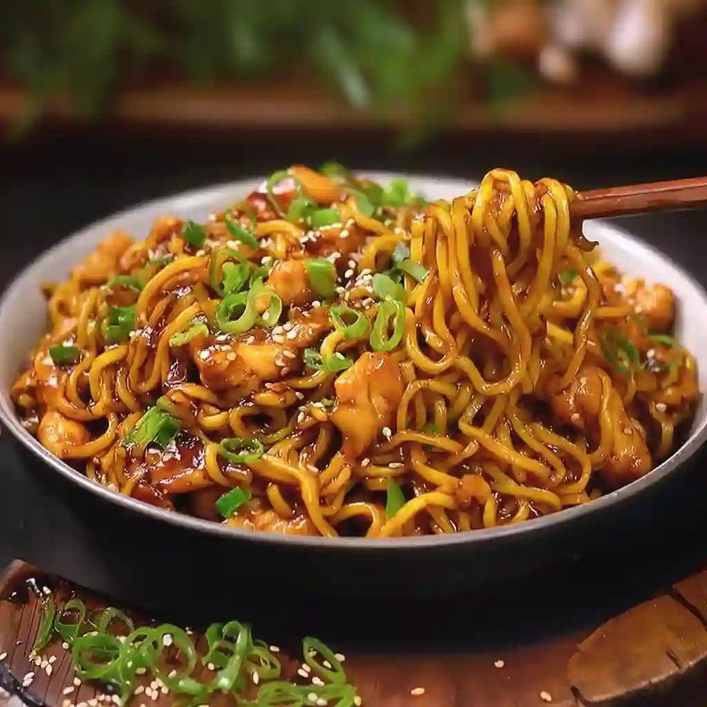 vibrant sticky garlic chicken noodles with tender chicken and glossy sauce in a bowl, garnished with green onions and sesame seeds, on a rustic wooden table