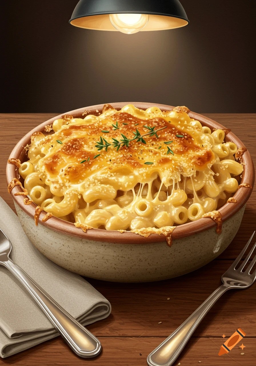 luscious, golden extra-creamy mac and cheese in a rustic ceramic bowl, with melted cheese pull