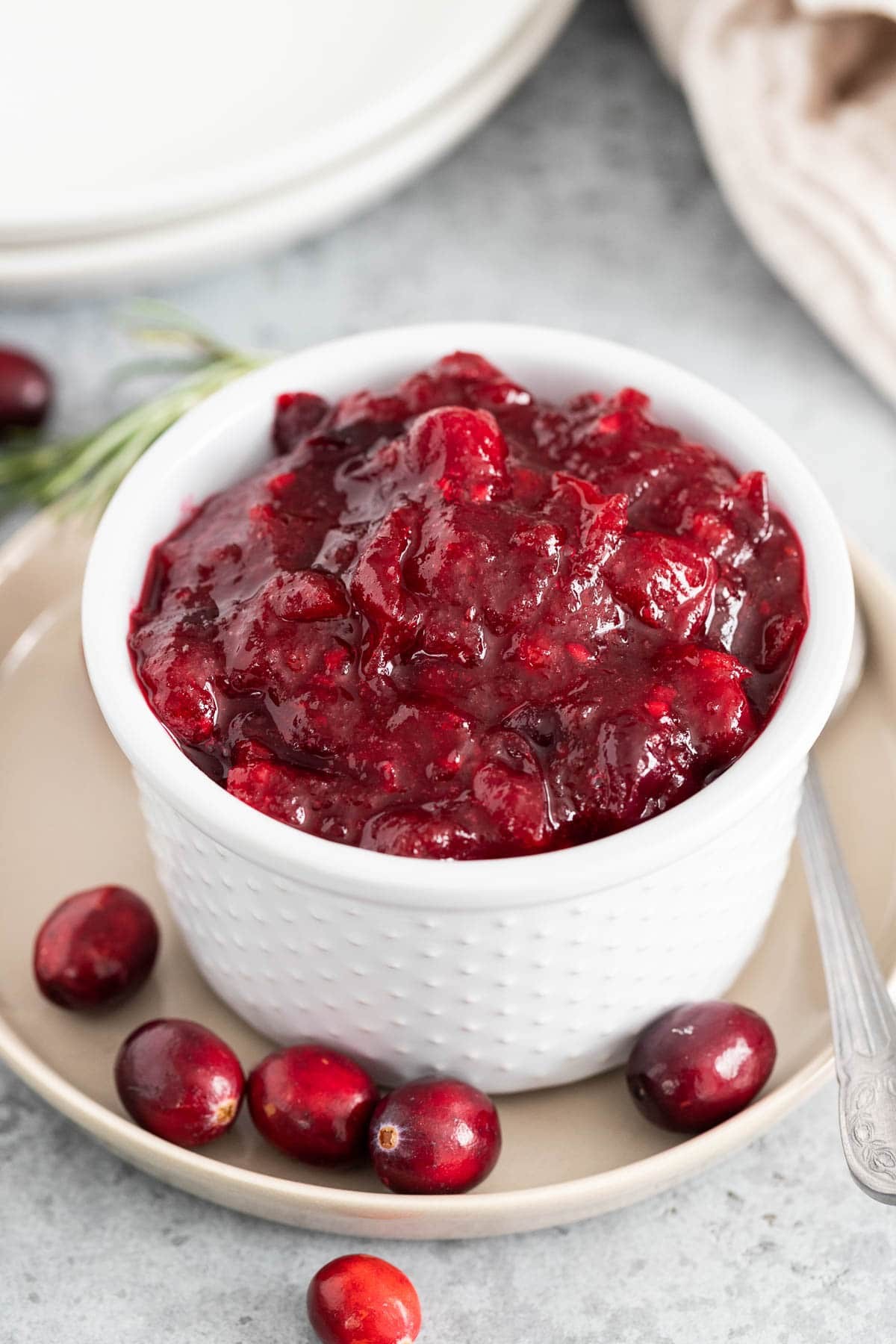 Vibrant homemade cranberry ginger sauce in a rustic bowl with fresh cranberries and ginger slices