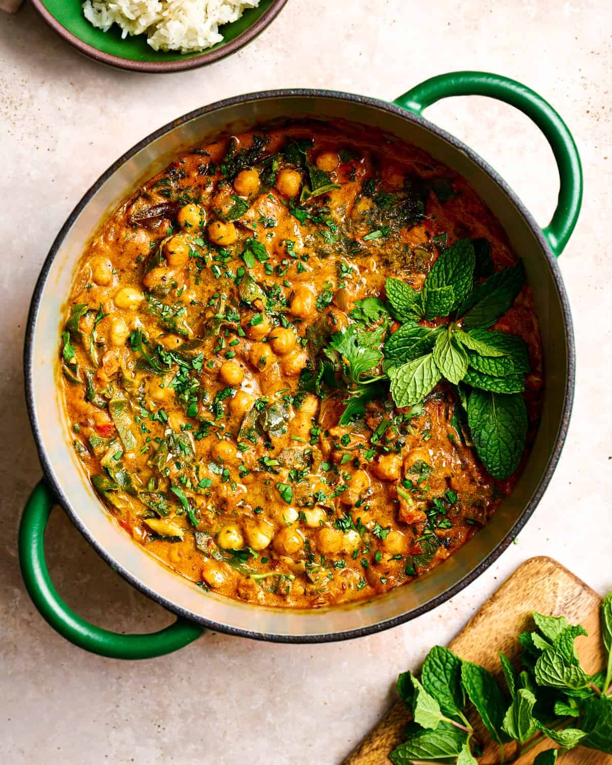 Bowl of homemade chickpea curry with fresh cilantro