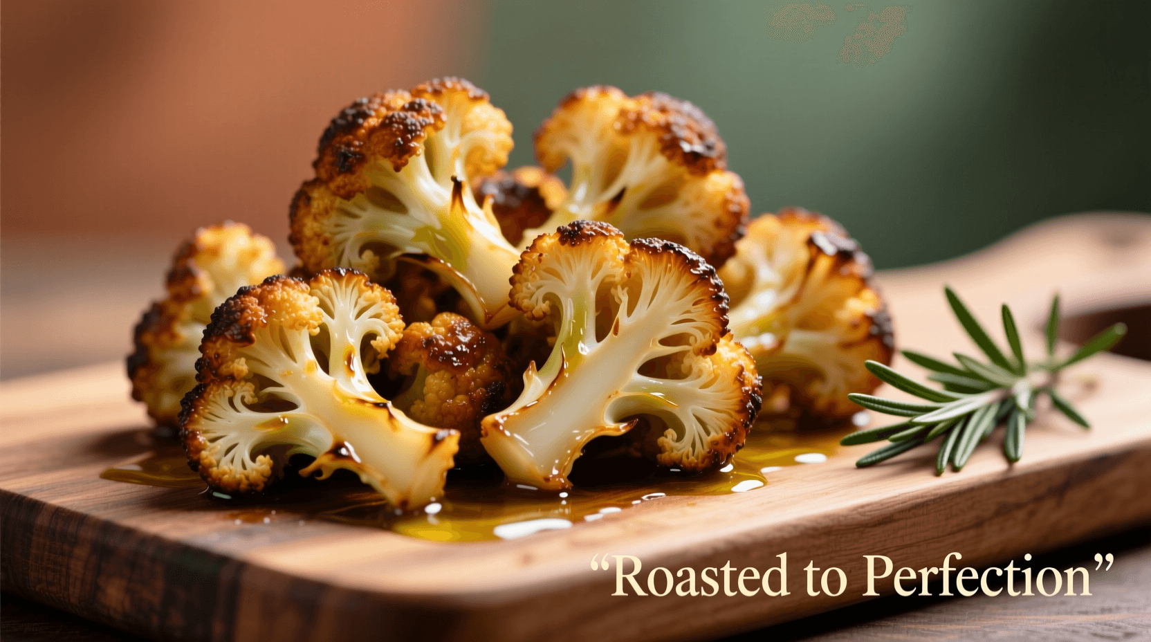 Perfectly golden brown garlic roasted cauliflower florets close-up, rustic wooden board