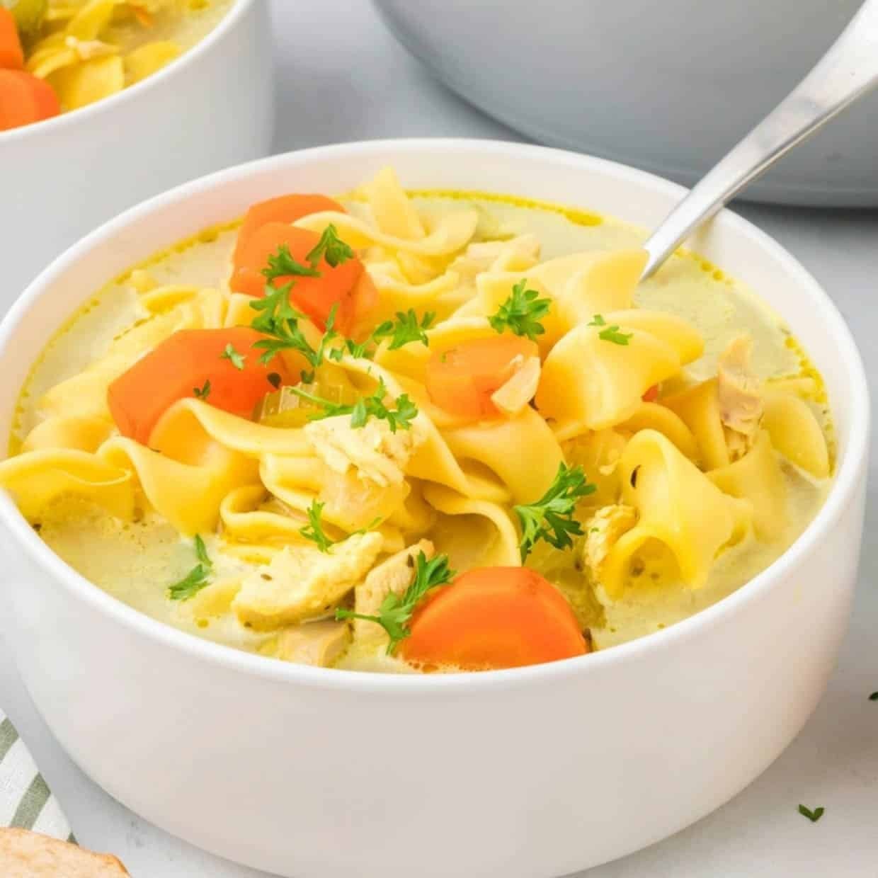 bowl of homemade chicken noodle soup with a spoon